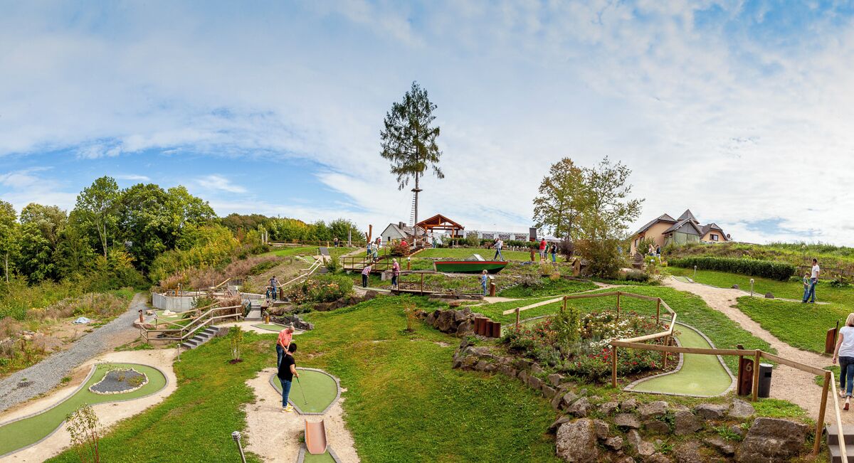 A golf course with a putting green, a pond, and a wooden bridge.