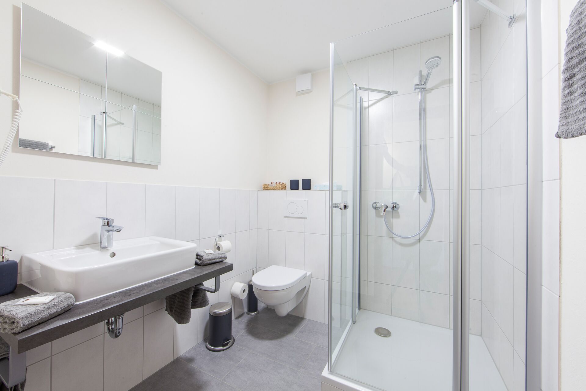 A modern bathroom with a glass-enclosed shower, a white sink, and a toilet.