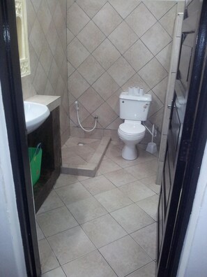 A small bathroom with a toilet, a sink, and a shower area. - Dream of Africa Cottages Kanamai (Mtwapa)
