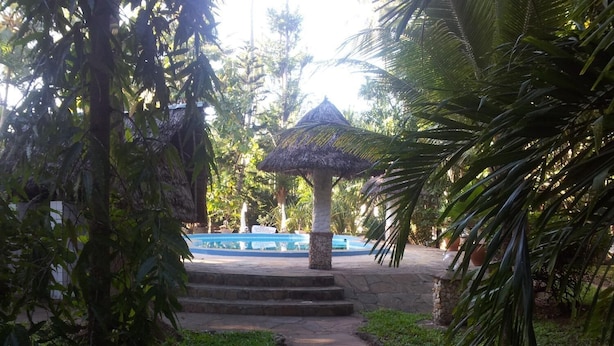 Ein Poolbereich mit einem von Stroh bedeckten Pavillon, umgeben von üppiger Vegetation und Steinwegen.