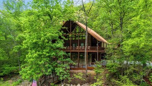 A rustic cabin surrounded by lush greenery. - Free Tickets | Creek-Side, Views, INSANE Arcade, Yard, Fireplace (Sevierville)