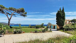 A coastal property with a sandy patio, a small building with blue shutters, and a large tree.
