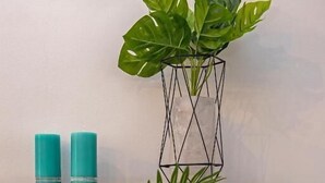 A shelf with a potted plant and two teal candles. - 3D WAWEL Apartament (Kraków)