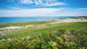 A beach with a clear sky and calm sea. - Amazing Location! Lakefront Waterside Deck (Chatham)