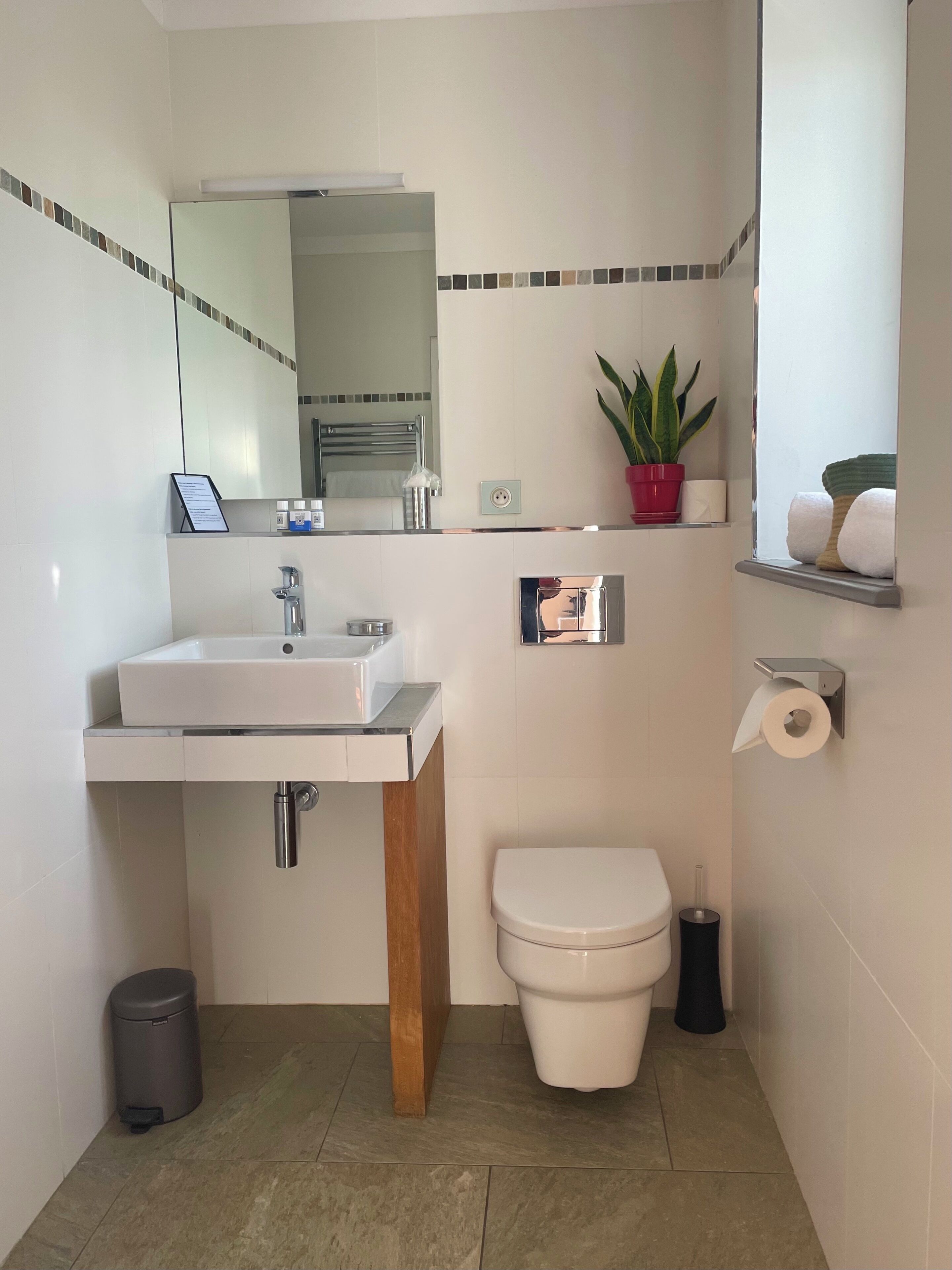 A modern bathroom with a white sink, mirror, and toilet. There is a trash bin, a potted plant, and a shelf with toiletries.