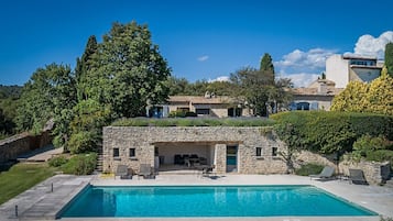Seasonal outdoor pool, a heated pool, pool loungers