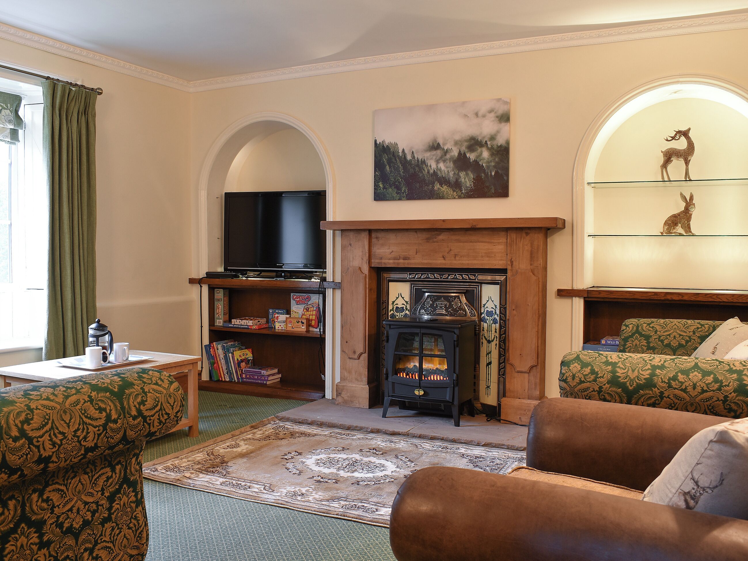 A living room with a fireplace, bookshelves, a television, and a sofa.
