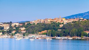 A coastal town with a marina filled with boats, historic buildings, and a prominent church on a hill.