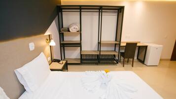 Minibar, desk, laptop workspace, blackout curtains