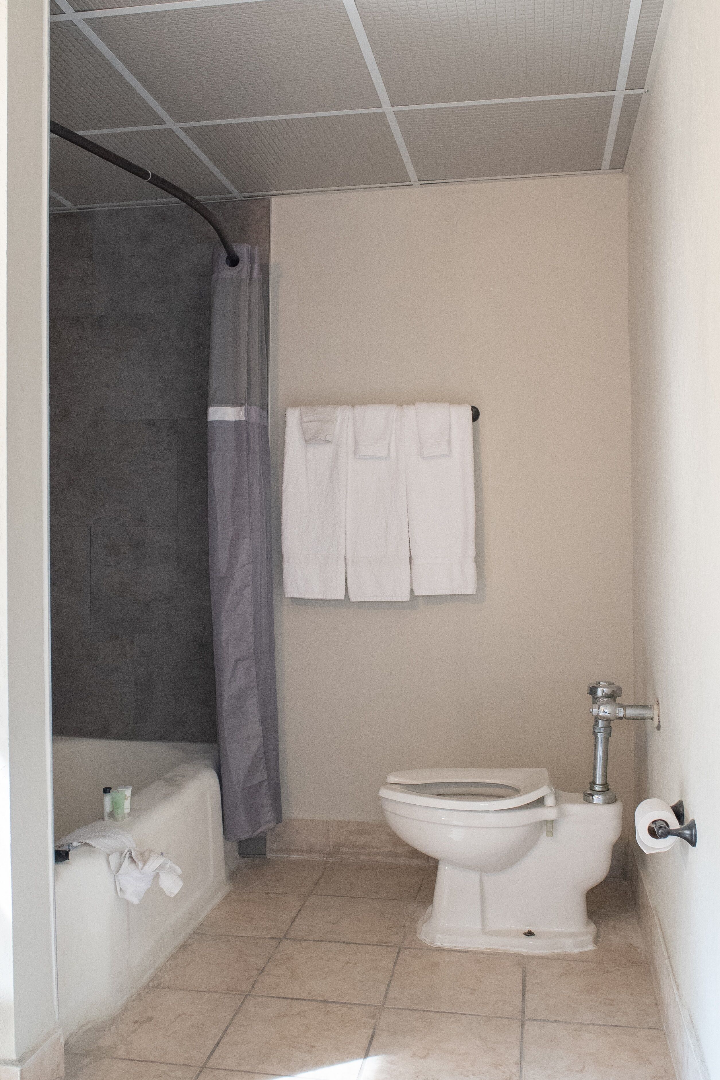A bathroom with a bathtub, toilet, and shower curtain.
