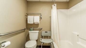 Een kleine badkamer met toilet, douche en een handgreep.