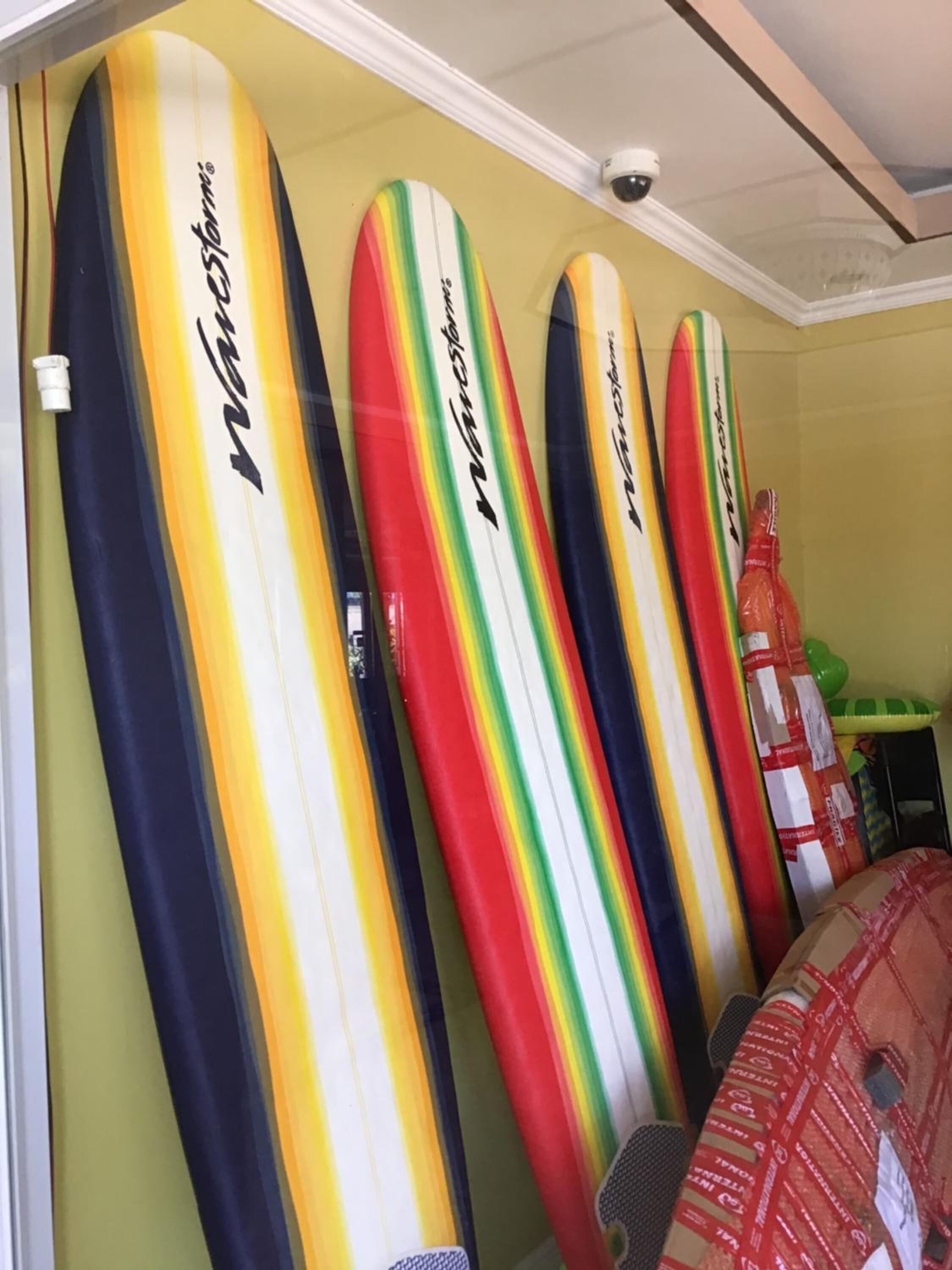 Varias tablas de surf apoyadas contra una pared, cada una con un diseño de color distinto y el nombre de la marca a la vista.