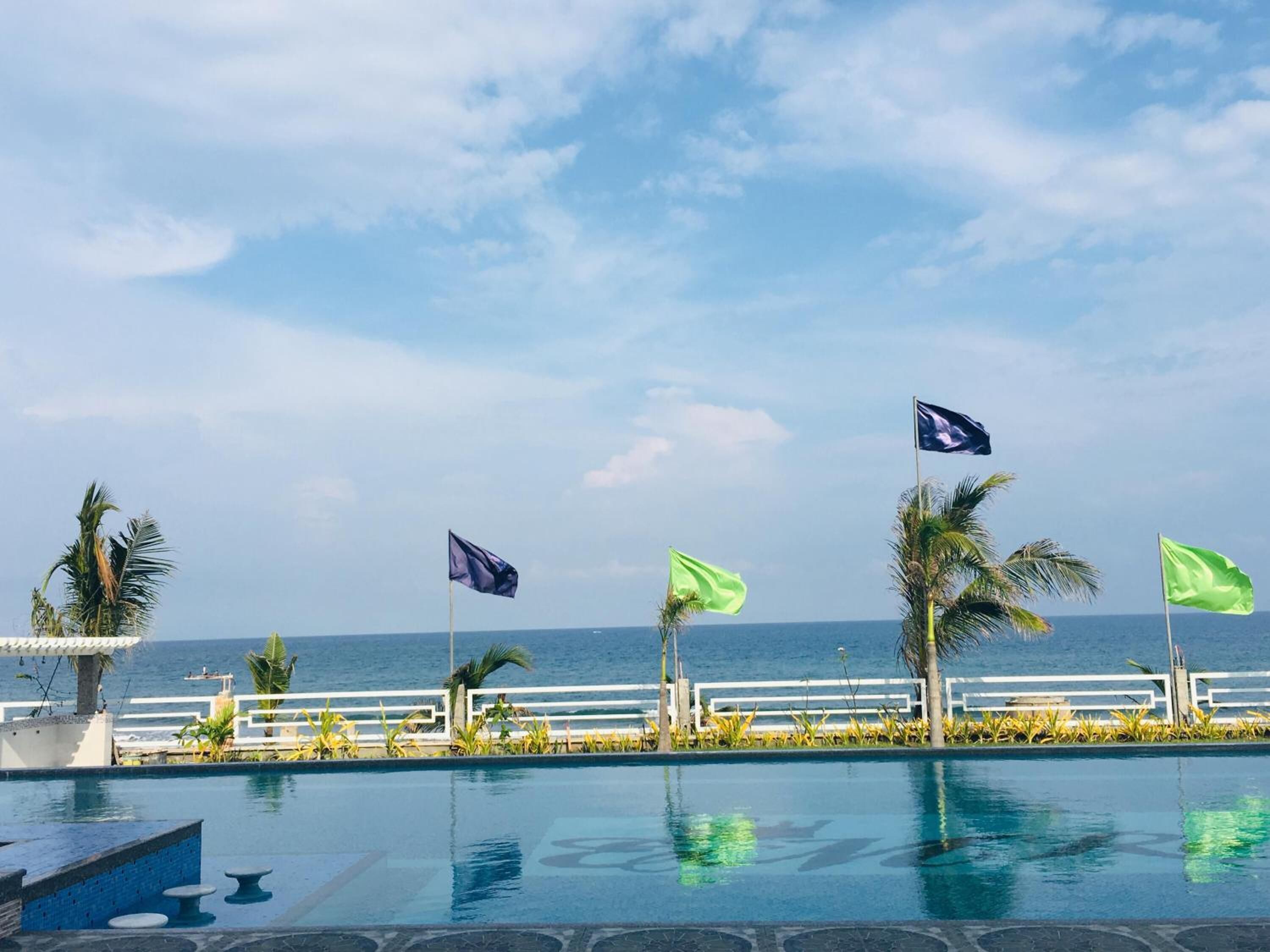 Vista de la piscina con cielo despejado, palmeras y banderas.
