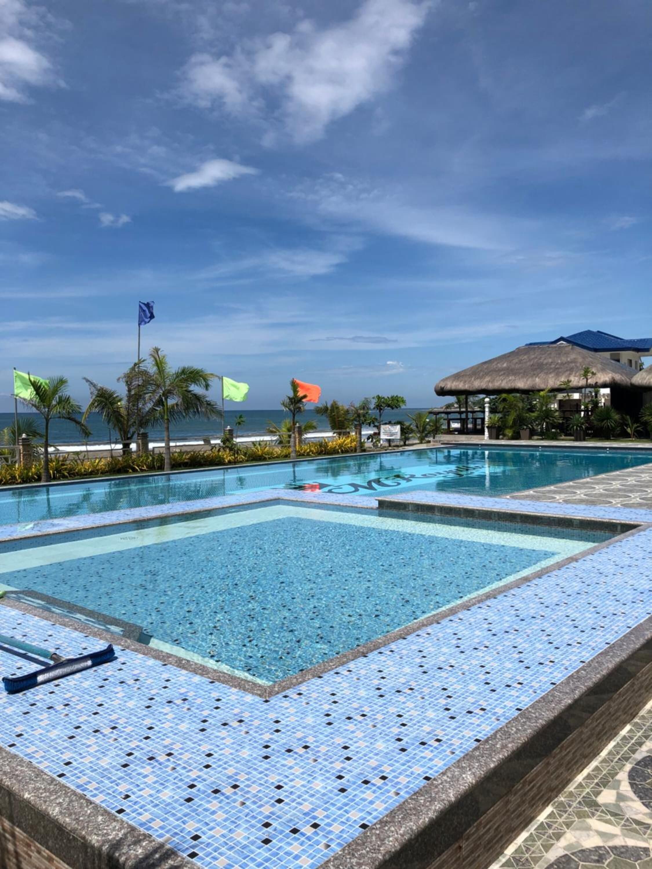 A pool area with clear blue water, surrounded by palm trees and flags, and a view of the ocean.