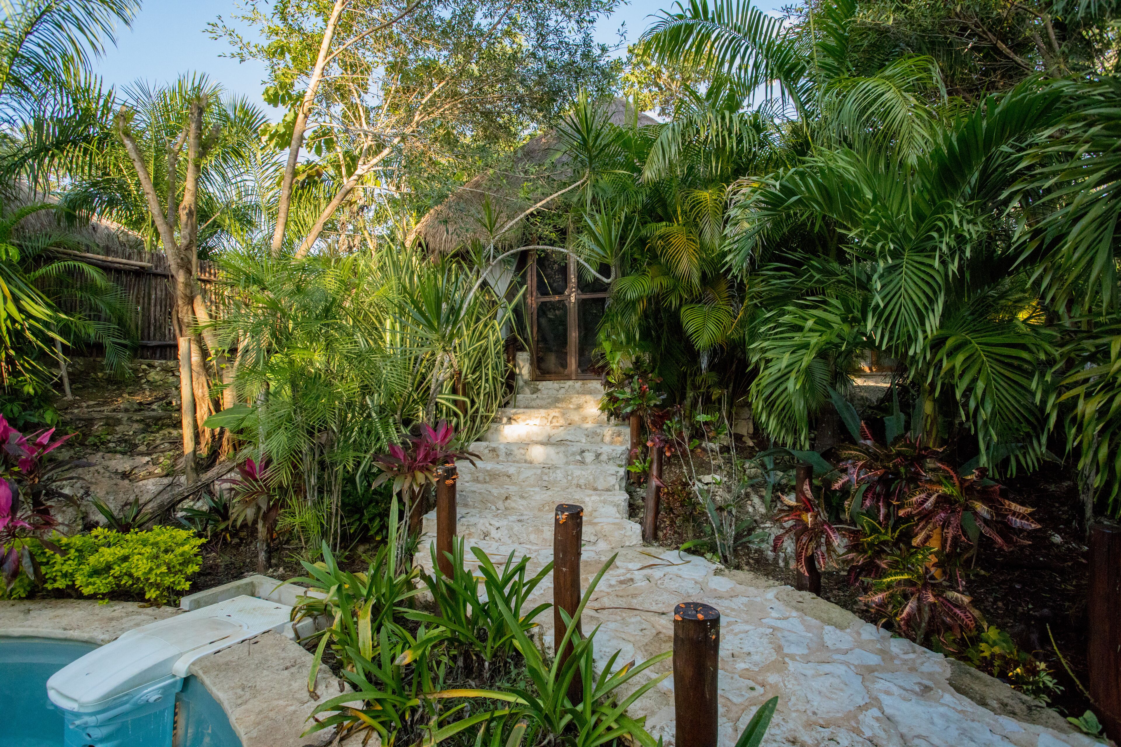 A stone staircase surrounded by lush tropical plants leading to a thatched-roof structure.