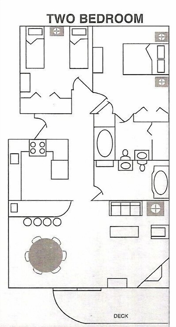 Een plattegrond van een appartement met twee slaapkamers, een keuken, een eetruimte en een terras.