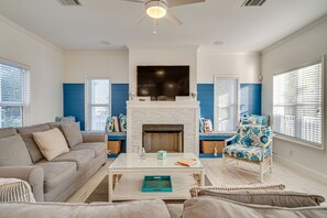 Smart TV, fireplace, video game console, DVD player