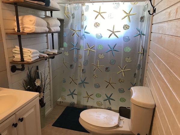 Combined shower/tub, hair dryer, towels, soap