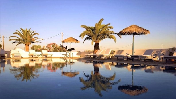 A pool area with lounge chairs and palm trees. - Alafouzos Studios (Santorini)