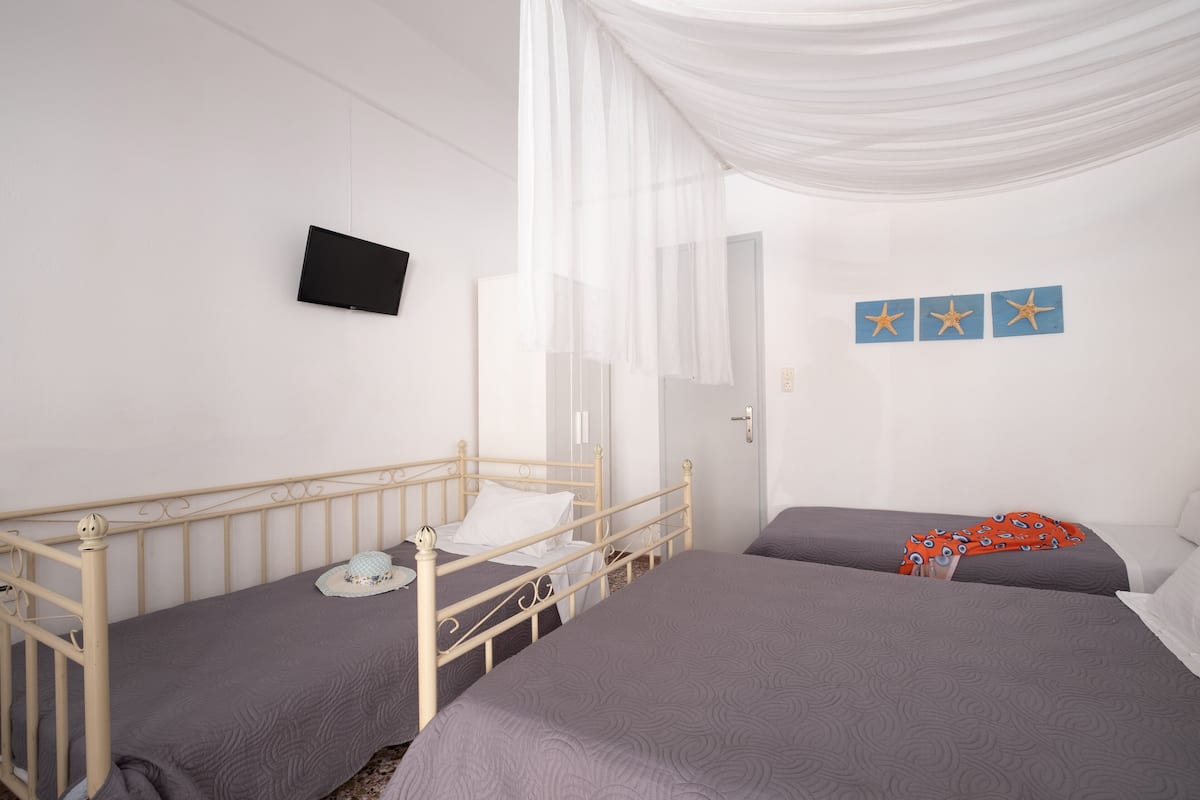 A bedroom with two beds, a television, and a door.
