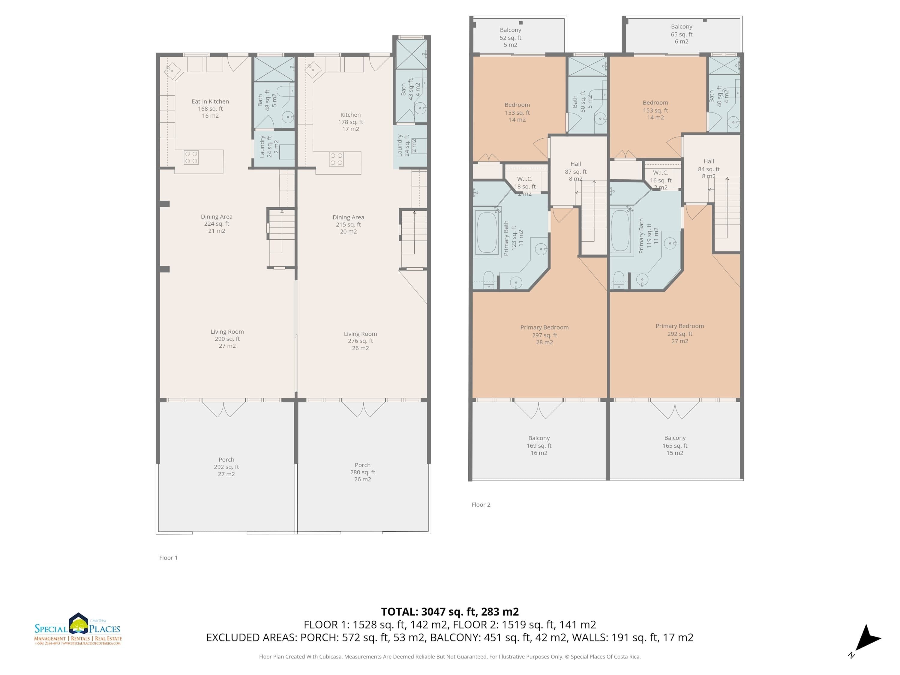 Plano de planta de un apartamento de dos pisos, con un área total de 3047 pies cuadrados. El plano muestra una sala de estar, comedor, cocina, recámaras, baños y un balcón.