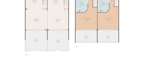 Plano de planta de un apartamento de dos pisos, con un área total de 3047 pies cuadrados. El plano muestra una sala de estar, comedor, cocina, recámaras, baños y un balcón.