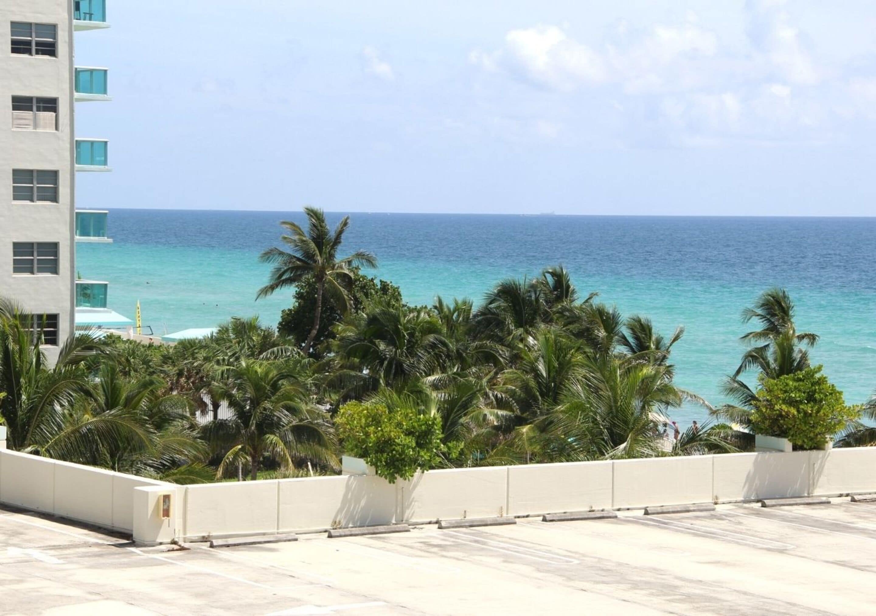 A hotel with a view of the ocean and palm trees.