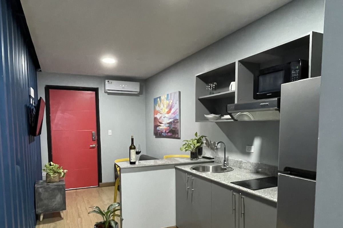A modern kitchen with grey cabinets, a stainless steel sink, and a built-in microwave. There is a red door in the background and a painting on the wall.