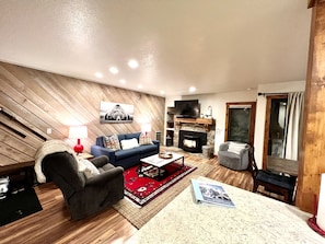 Smart TV, caminetto, libri, biblioteca musicale