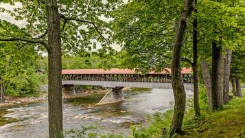 Un pont en bois enjambant une rivière, avec des piliers en pierre, entouré d’arbres et, au loin, un bâtiment doté d’un toit rouge.