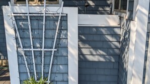 Ein Haus mit weißer Fassade, einem Fenster, einer Tür und einem kleinen Vorbereich mit einem Blumentopf.