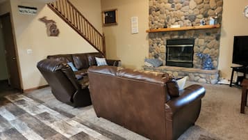 Smart TV, fireplace, video games, DVD player