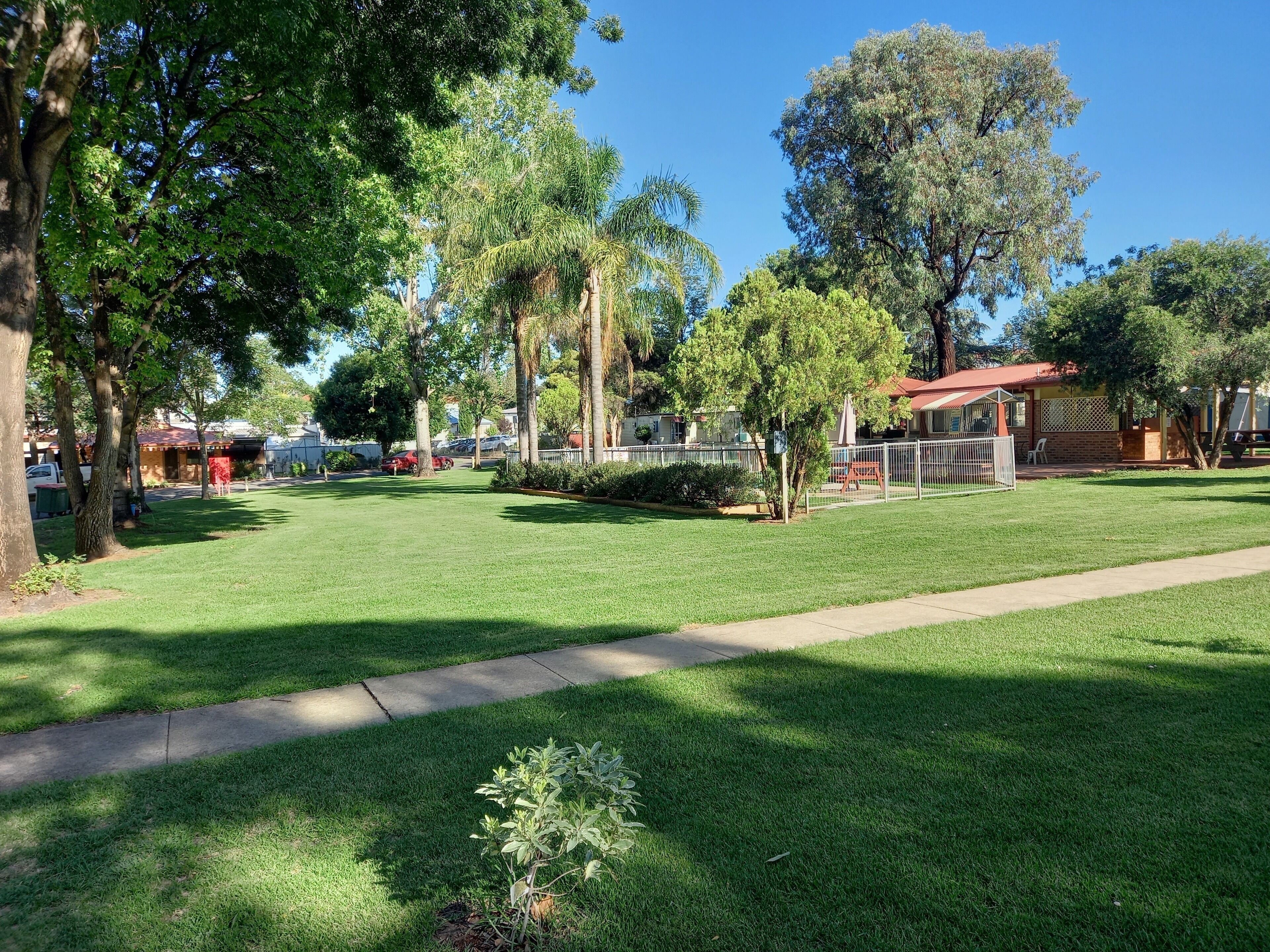 A well-maintained grassy area with trees, a playground, and a building with a red roof in the background.