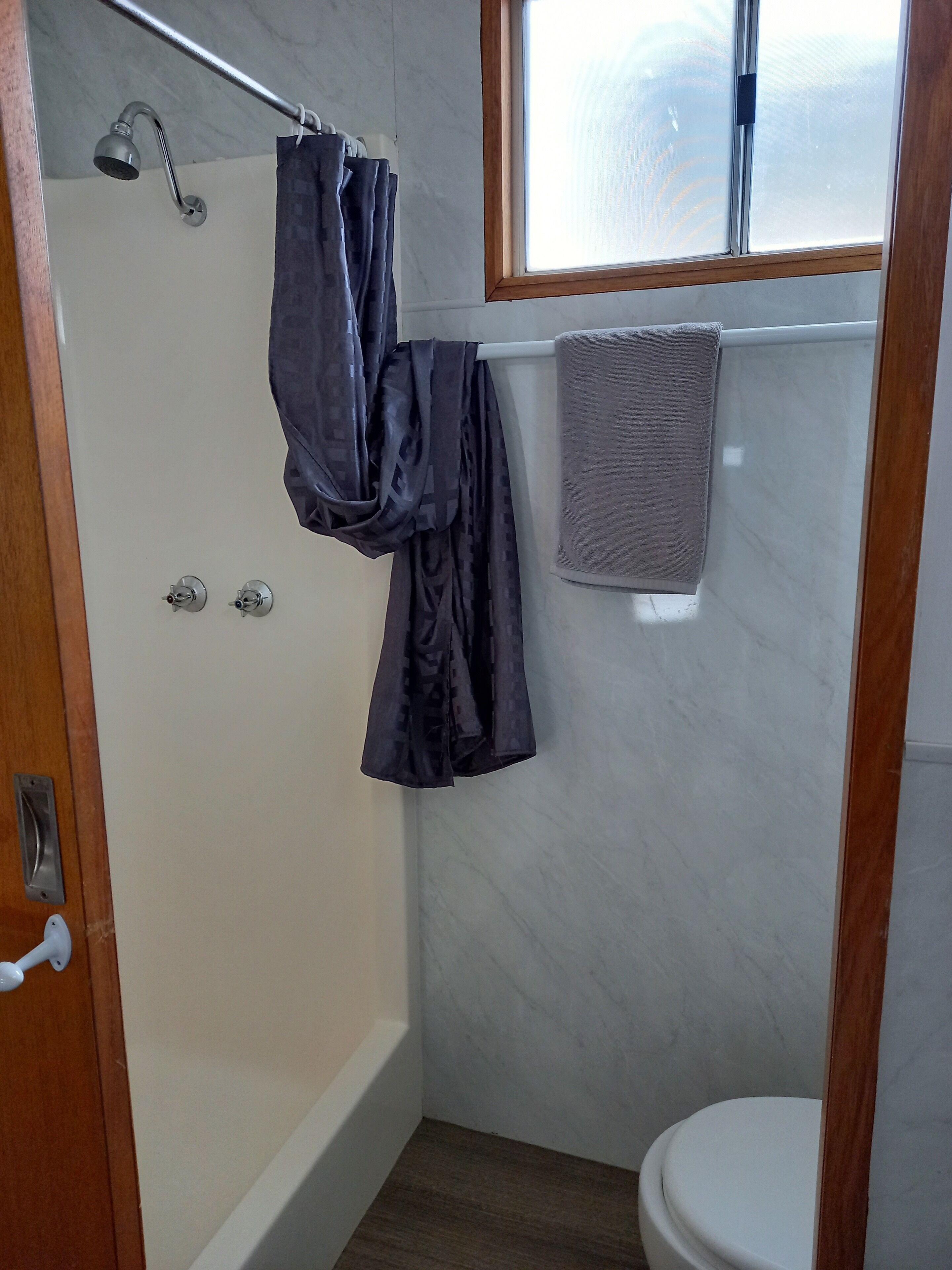 A bathroom with a shower, a toilet, and a window.