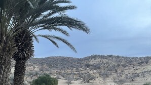 Een balkon met een zwembad, met uitzicht op een droog landschap met schaarse begroeiing en een heuvel in de verte.