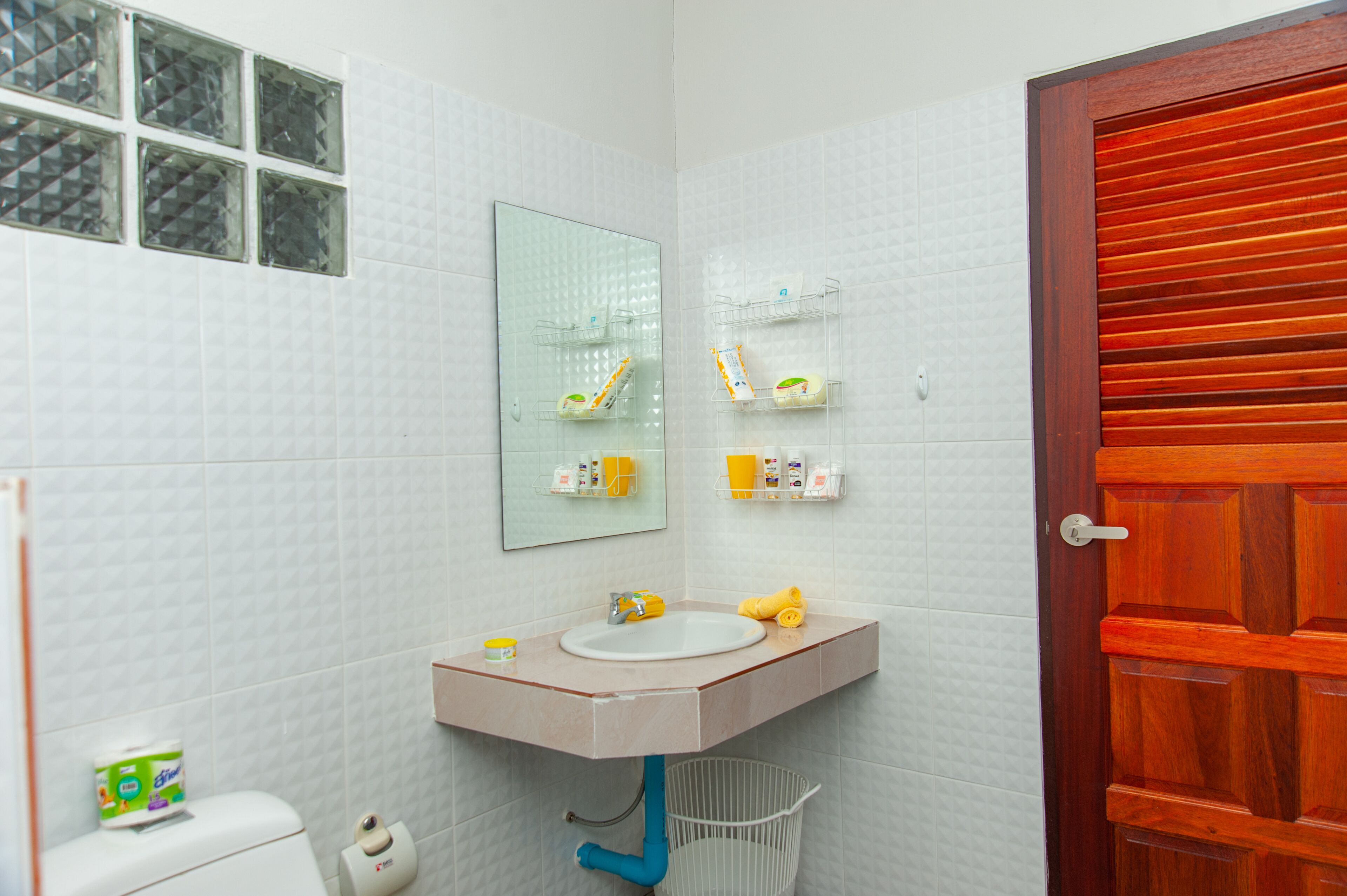 A bathroom with a sink, mirror, toilet, and a wooden door.