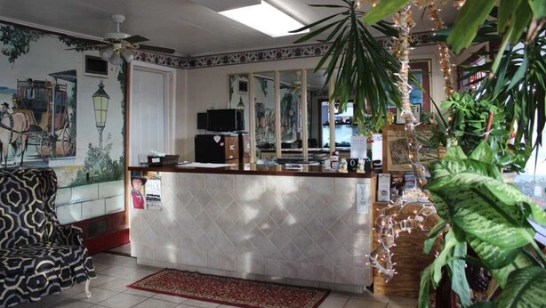 A hotel lobby with a bar area, a patterned sofa, and various plants. - Thunderbird Motel (Dodge City)