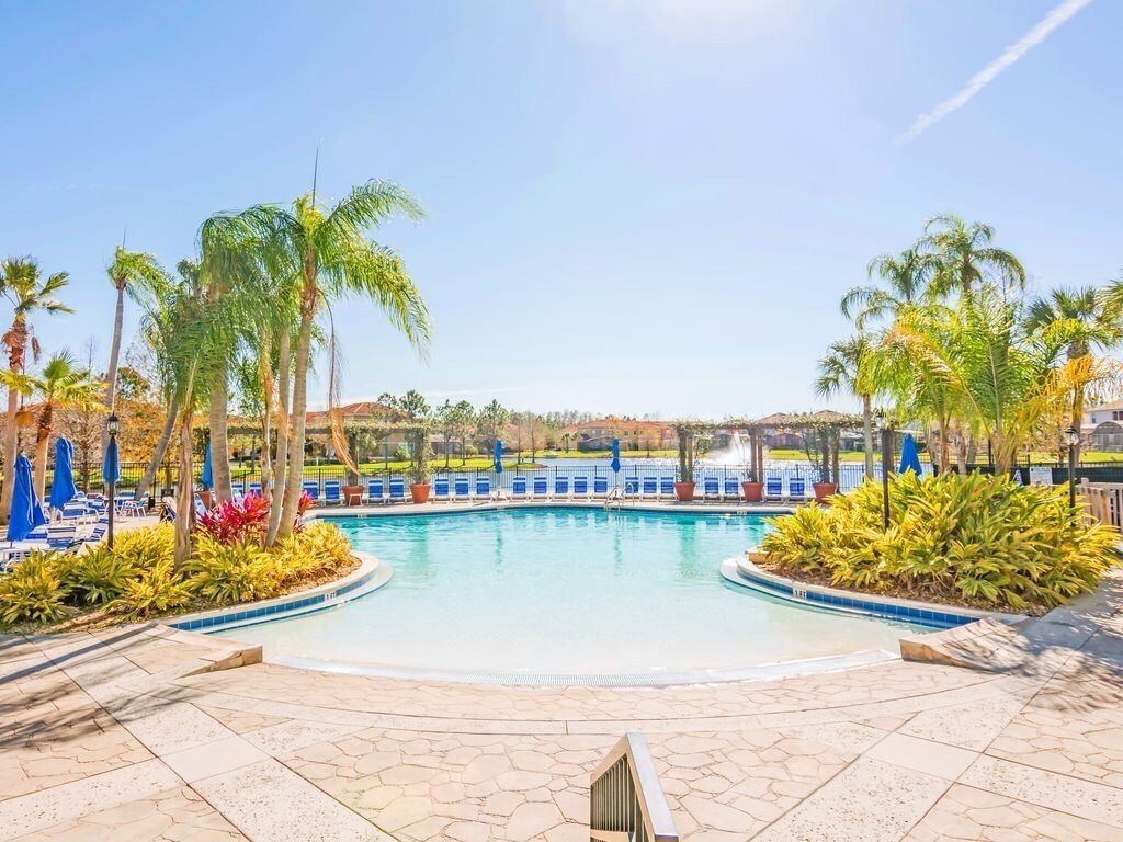 A swimming pool with lounge chairs and palm trees.