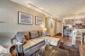 Smart TV, fireplace, DVD player, books