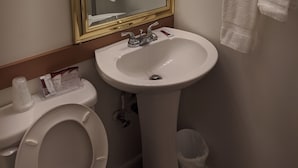 A bathroom with a white sink, a toilet, a mirror with a gold frame, and towels on a rack.