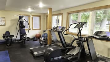 A gym with Nautilus and Precor cardio machines, a stationary bike, and a medicine ball.