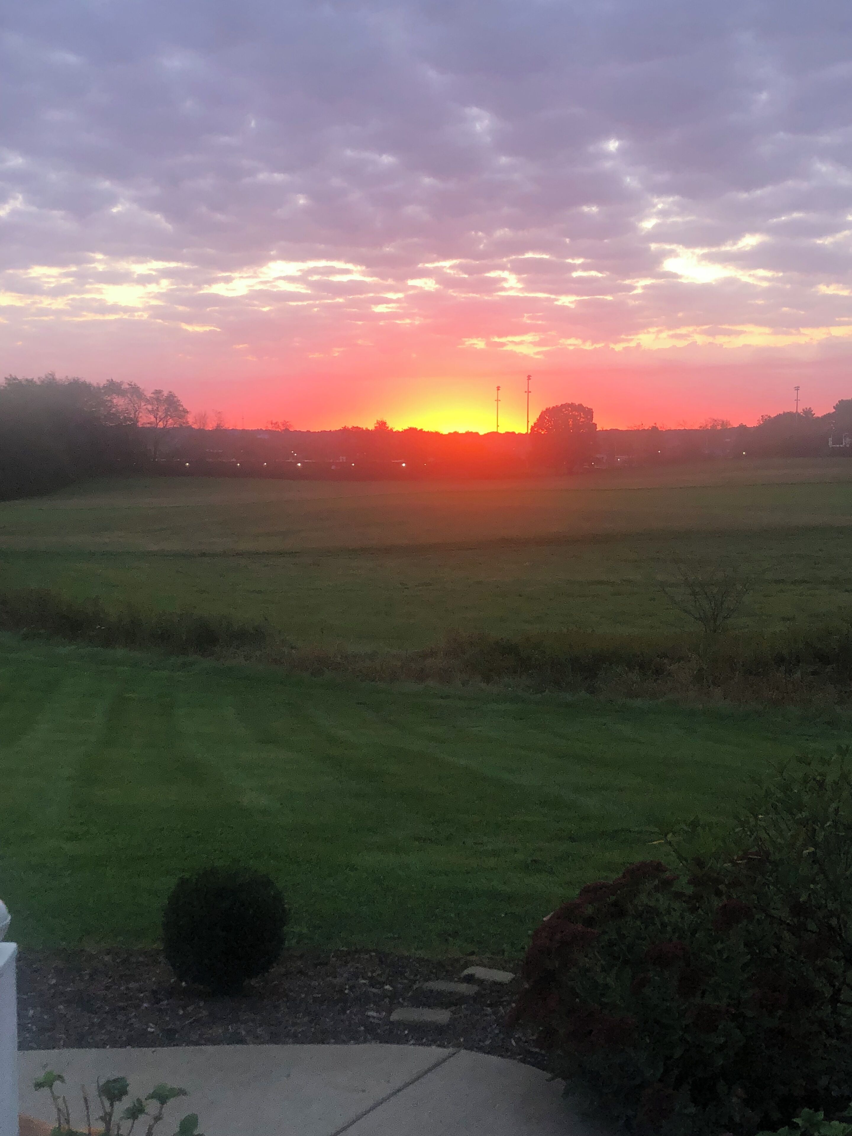 Een zonsondergang boven een grasveld met heldere lucht.