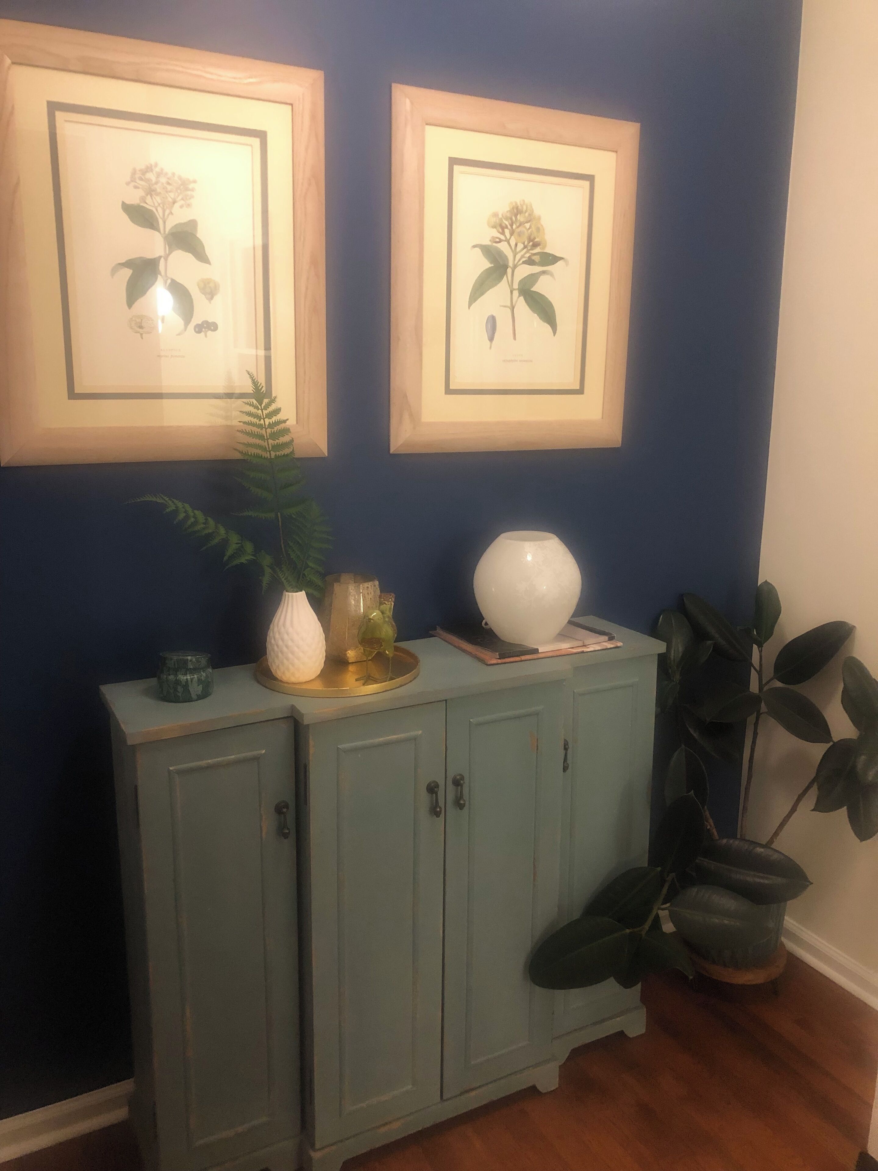 Een kamer met een blauwe wand, twee ingelijste afbeeldingen van planten, een kast met decoratieve objecten en een potplant.