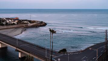 Uma estrada costeira com uma ponte, praia e oceano.