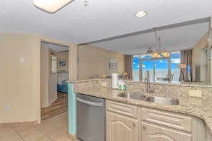 A kitchen with granite countertops, stainless steel appliances, and a view of the ocean.