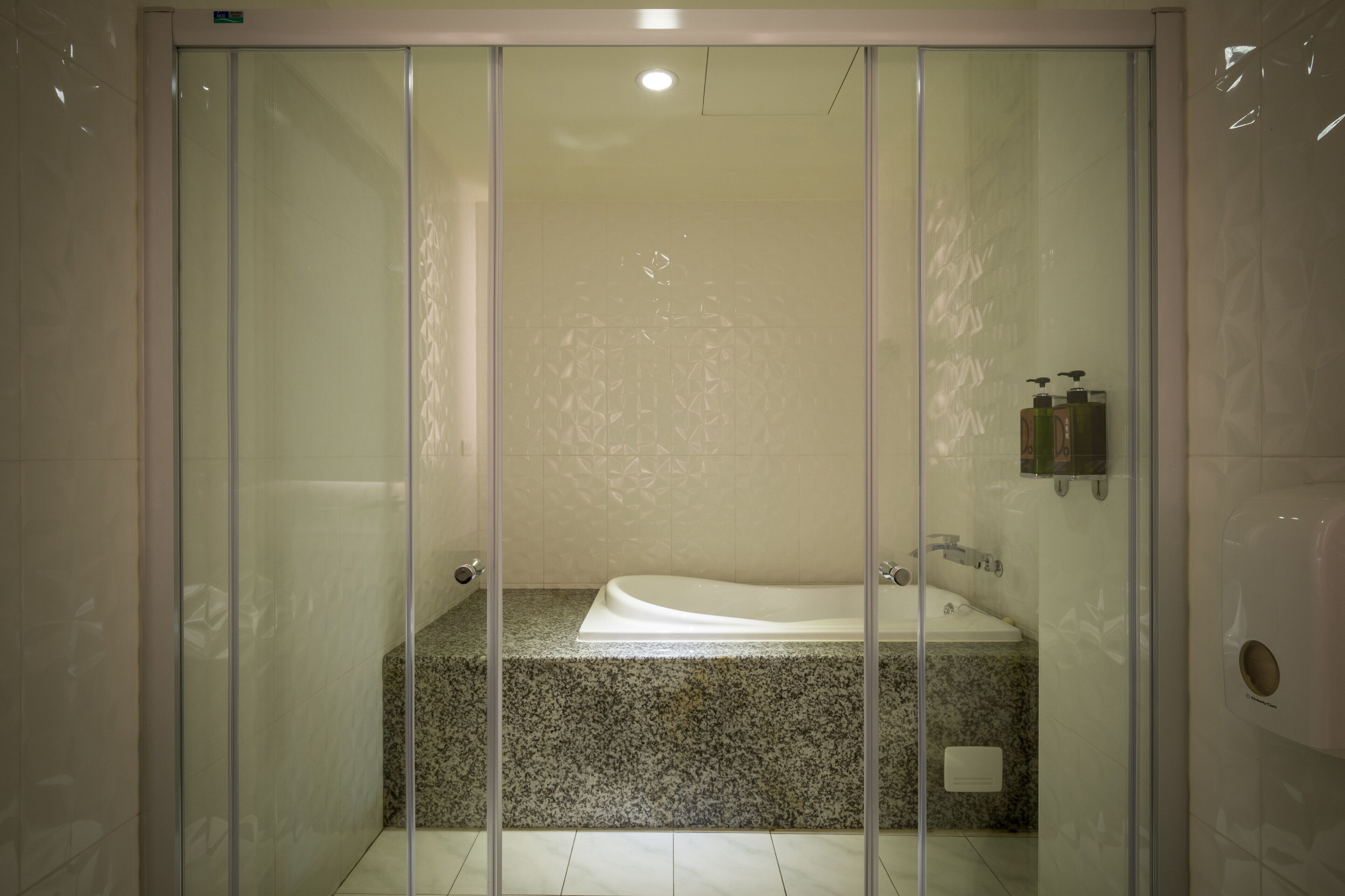 Une salle de bain moderne dotée d’une douche à parois de verre, d’une baignoire intégrée et d’un comptoir en granit.