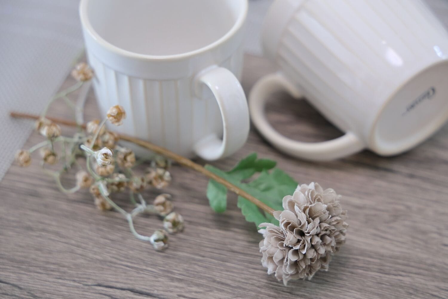 A white mug with a handle, a white mug with a ribbed texture, and dried flowers on a wooden surface.