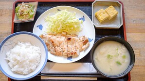 A tray with a plate of grilled chicken, shredded cabbage, tofu, and a bowl of soup. - YUPOPPO Hakone (Hakone)