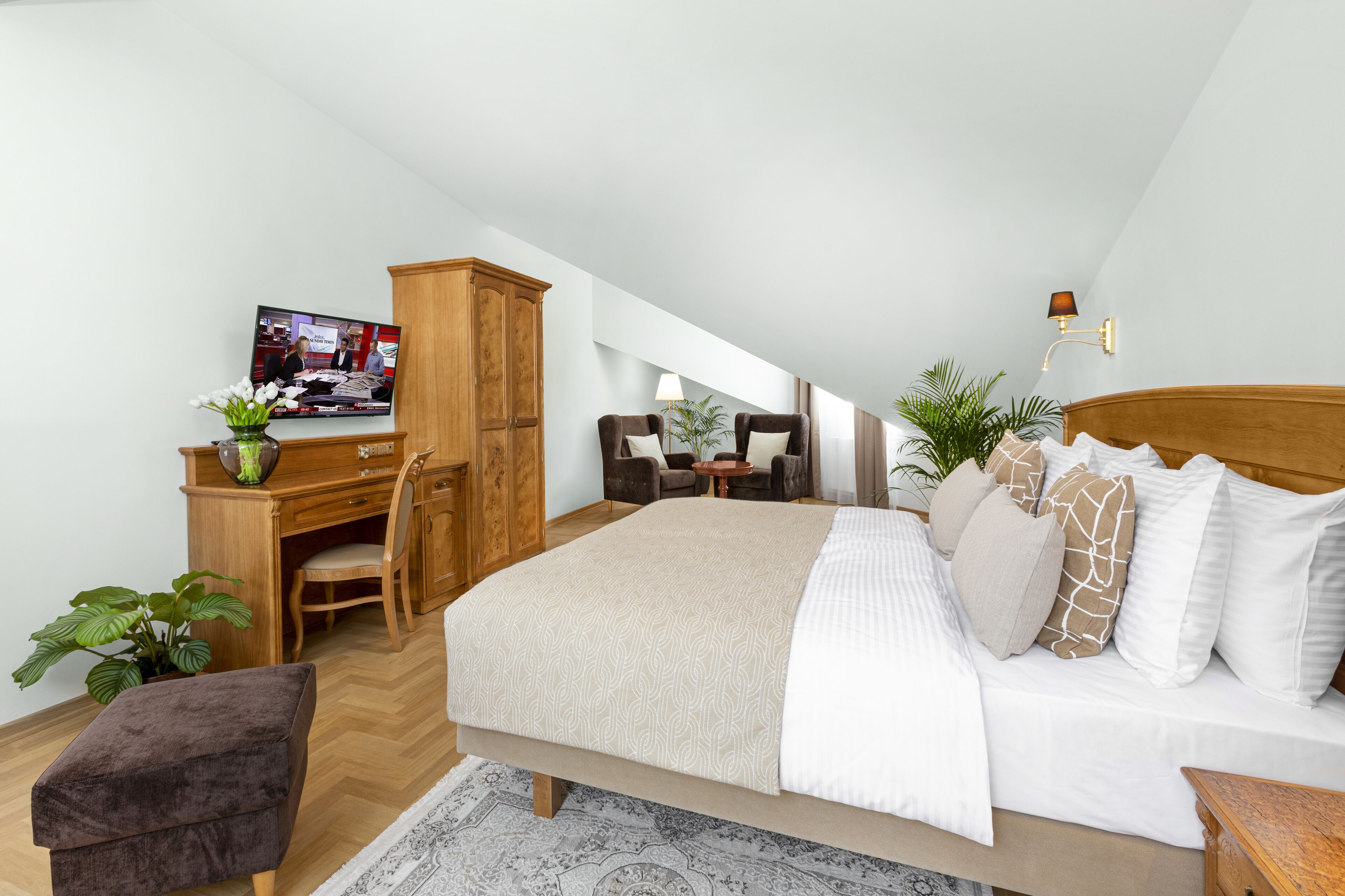 A bedroom with a large bed, a desk, a chair, a TV, and a plant.