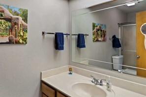 Tina, secadora de cabello, toallas, shampoo 